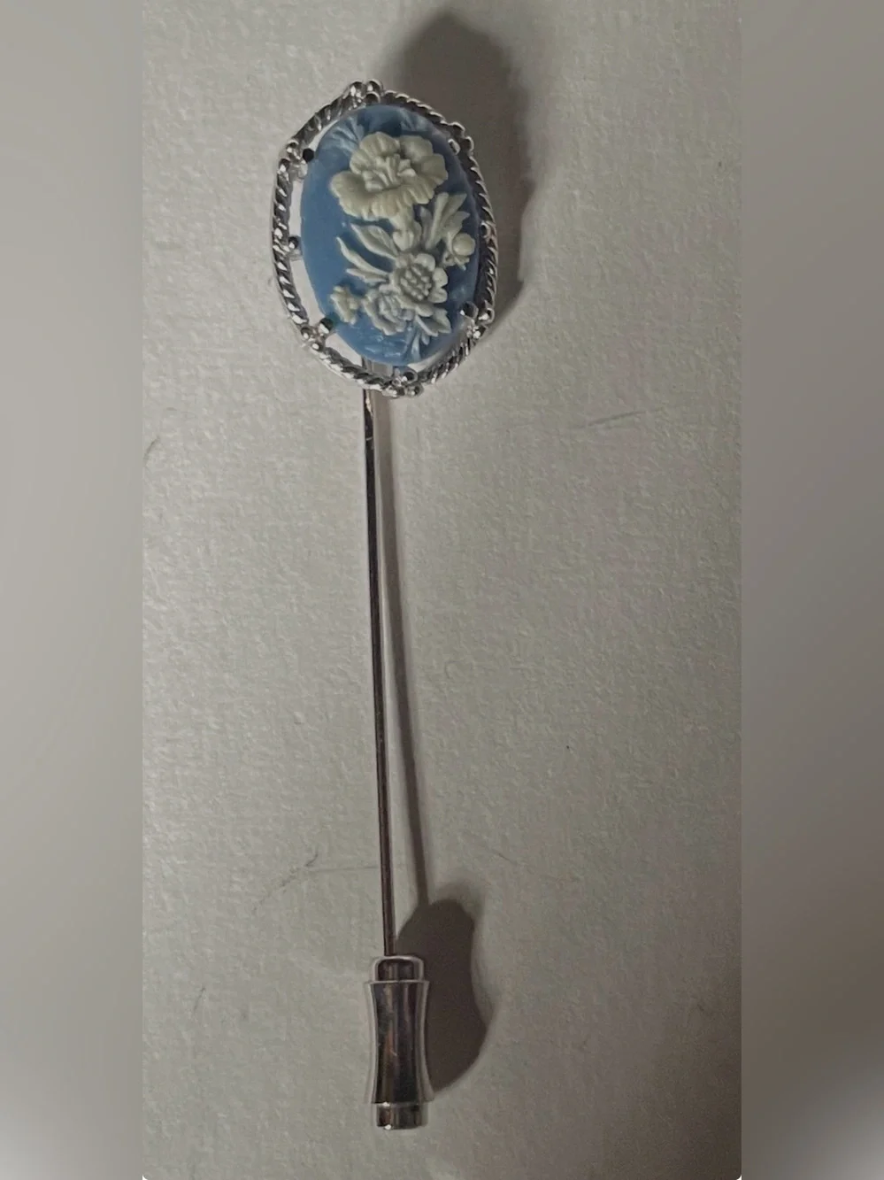Rare Vintage Floral Wedgwood Jasperware Blue Flower Cameo Silver Stickpin Brooch